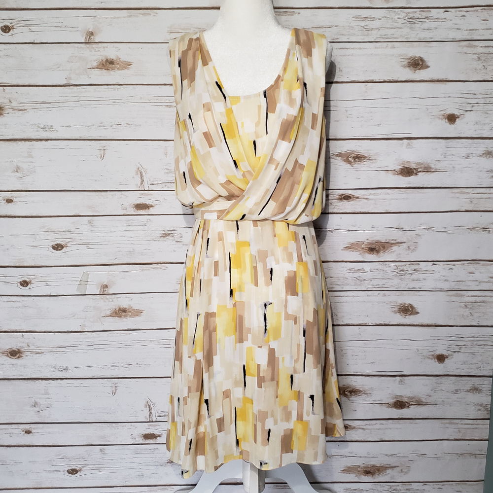 White House Black Market Beige and Yellow Sleeveless Wrap Dress